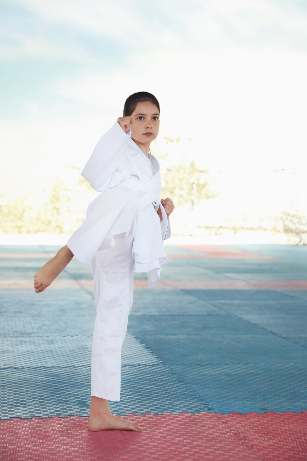 Jeune karatéka en position au dojo